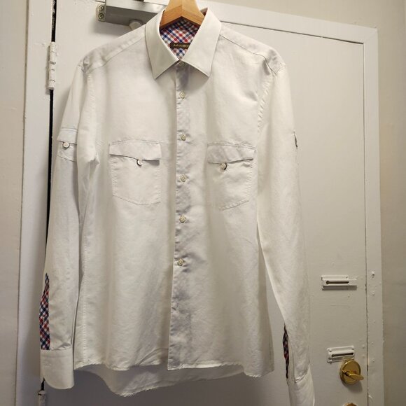 Andrea Bossi Men’s Long Sleeve Shirt  Size L 100% Linen White with Check Accents - Picture 3 of 9